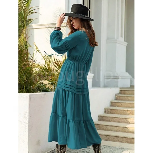 Teal Blue Bohemian Maxi Dress Chiffon Neck Ties Long Sleeve Ruffle Hem Flowy